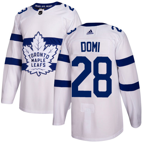 Adidas Maple Leafs #28 Tie Domi White Authentic 2018 Stadium Series Stitched NHL Jersey - Click Image to Close